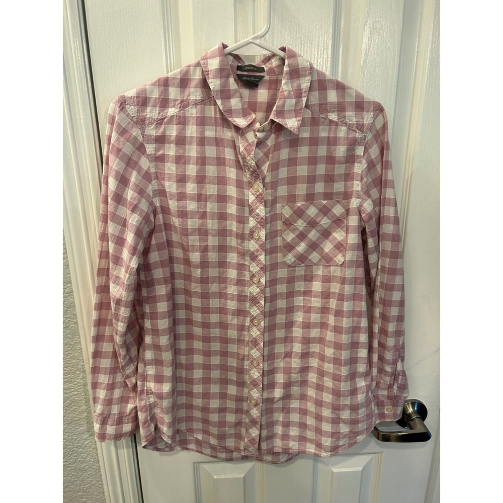 Eddie Bauer Button Down Shirt‎ Pink Gingham Classic Fit Long Sleeve Top Pocket